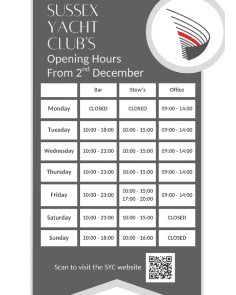 2025 winter opening hours Sussex Yacht Club