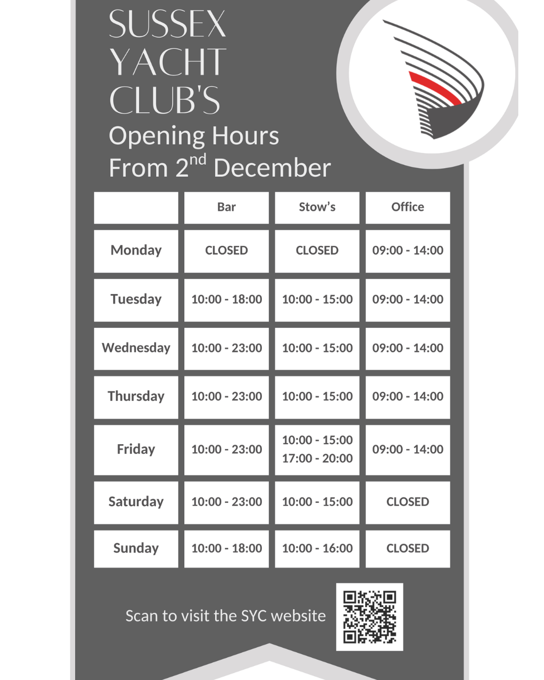 2025 winter opening hours Sussex Yacht Club