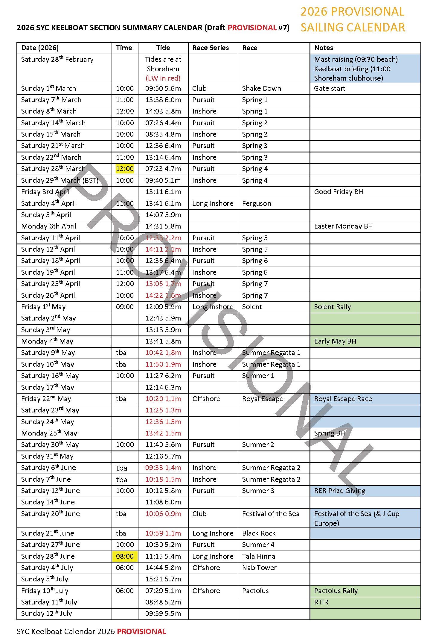Sussex Yacht Club Keelboat Section 2026 Provisional Calendar pt 1