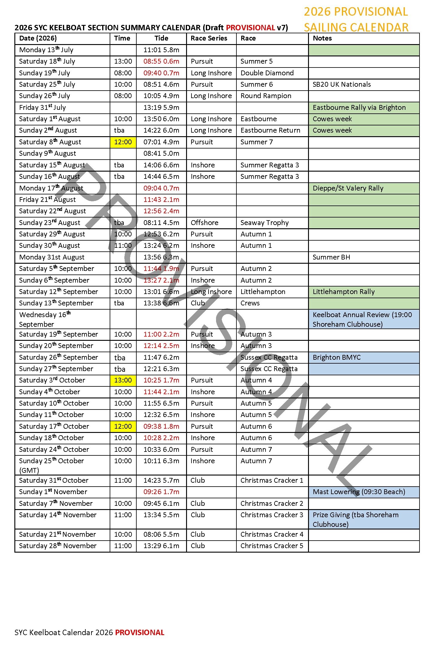 Sussex Yacht C;ub Keelboat Section 2026 Provisional Calendar pt 2